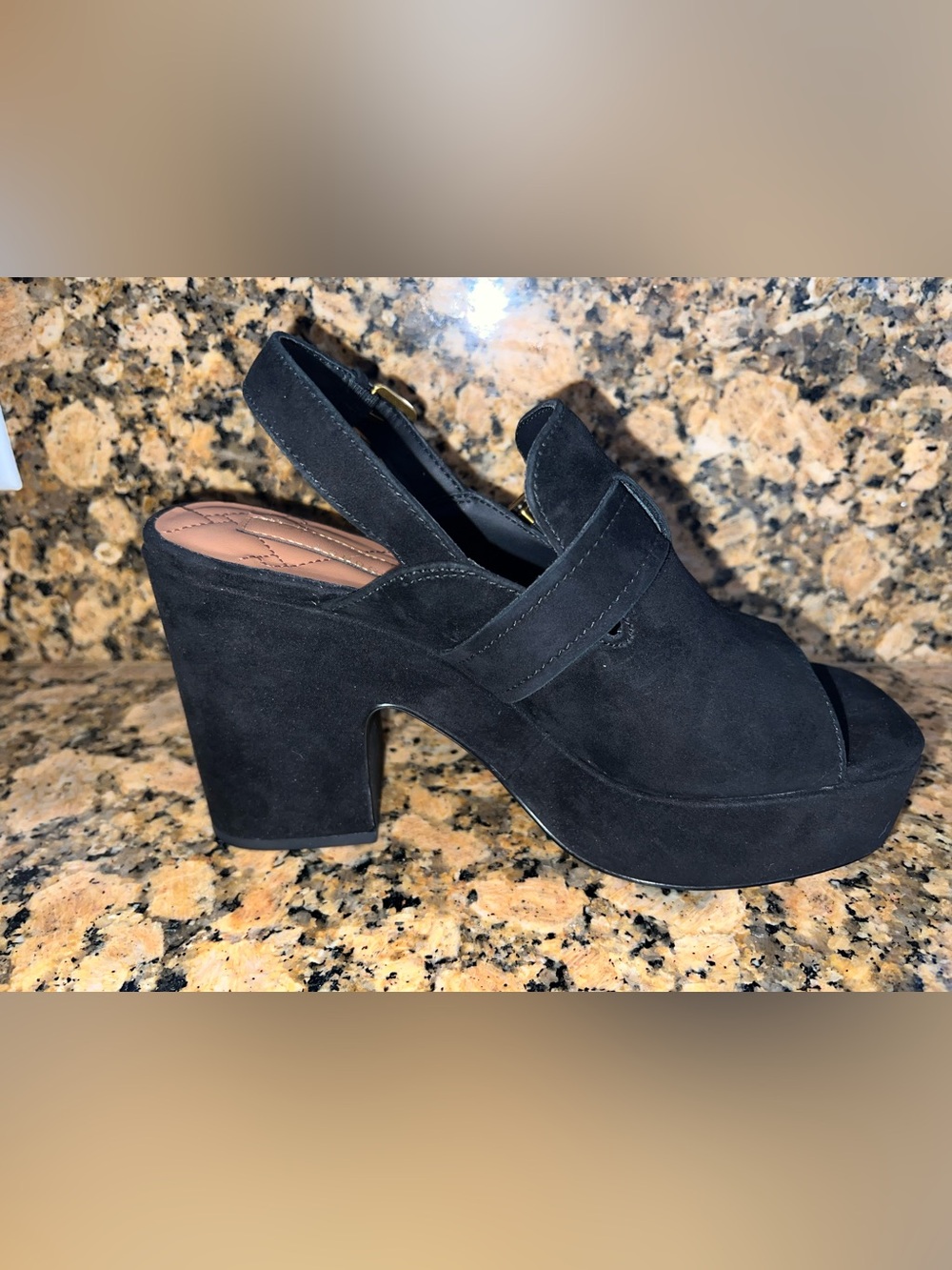 Kurt Geiger Black Suede Platform Slingback Heels with Gold Buckle - Picture 6 of 6